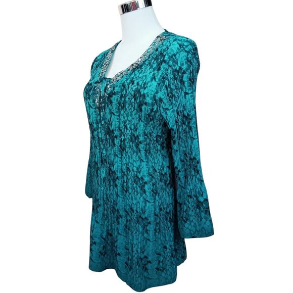 Y2K FASHION BUG Top Blouse L‎ Accordion Pleats Flare Sequins Snake Turquoise - Picture 2 of 12